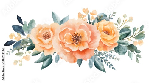 Delicate arrangement of pastel peach and pale yellow roses and greenery.