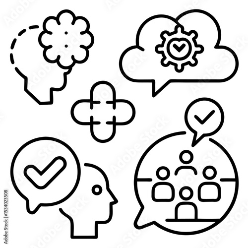 Collection of icons of teamwork, health, hospital business.