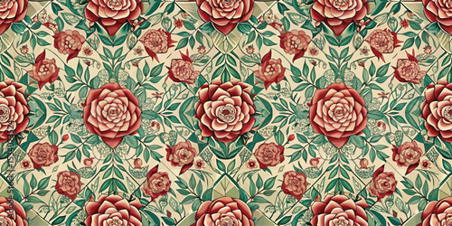 A vibrant floral pattern with red roses and intricate green leaves.