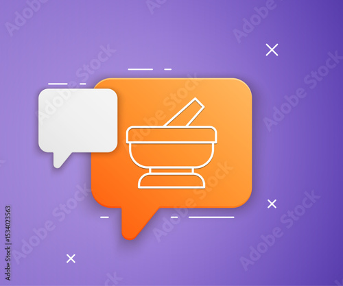White Mortar and pestle icon isolated on purple background. Orange speech bubble symbol. Vector