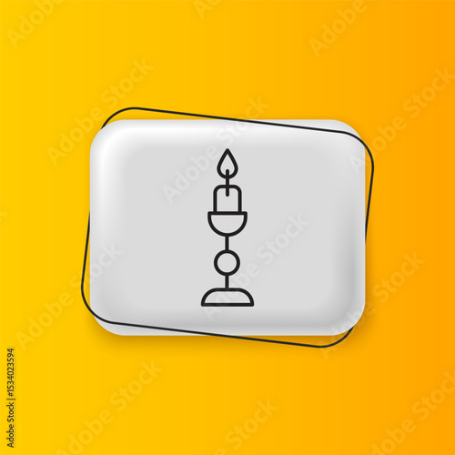 Black Burning candle in candlestick icon isolated on yellow background. Old fashioned lit candle. Cylindrical candle stick with burning flame. Silver rectangle button. Vector