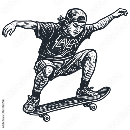 Dynamic linocut vector: Young male skateboarder in a  t-shirt mid-trick. Retro hand-drawn monochrome graphic art, urban youth culture.
