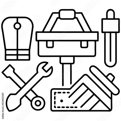 Work tools line icons - puncher, drill, wrench, saw, pliers and construction equipment