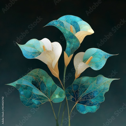 Elegant Teal Calla Lilies  Watercolor Botanical Art Print