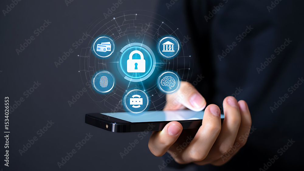 Fototapeta premium Modern smartphone technology symbolizing cybersecurity data protection and digital safety