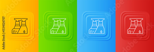 White Nuclear power plant icon isolated on colorful background. Energy industrial concept. Set icons in square buttons. Vector
