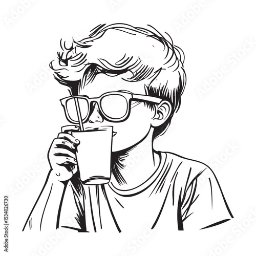 Simple and super minimal vector lines, cartoonish boy wearing sunglasses and sipping juice