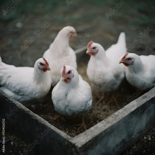 A group of white hens gathered around a feeder tray
