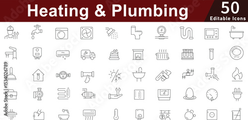 Heating, Ventilation and Plumbing Line Icons: HVAC, Water and Home Systems. Editable Vector Icons