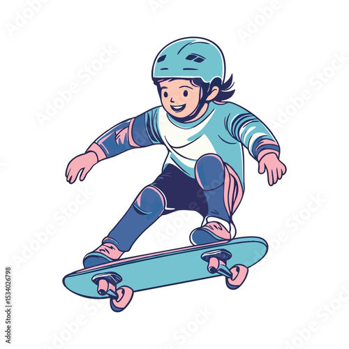 Simple and super minimal vector lines, cartoonish boy skating with helmet and pads