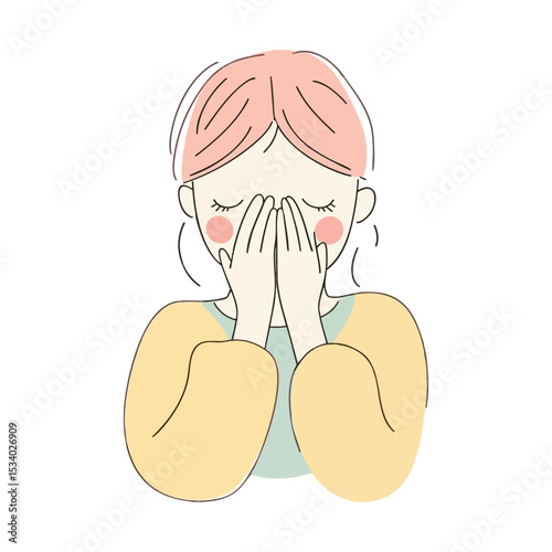 Simple and super minimal vector lines, cartoonish child covering face in shyness, soft pastel tones