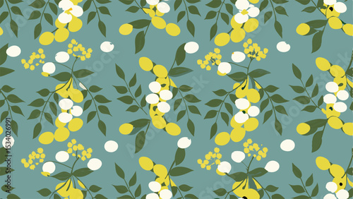 Aesthetic pattern with yellow and white fruits and green leaves on a teal colored background repeat design