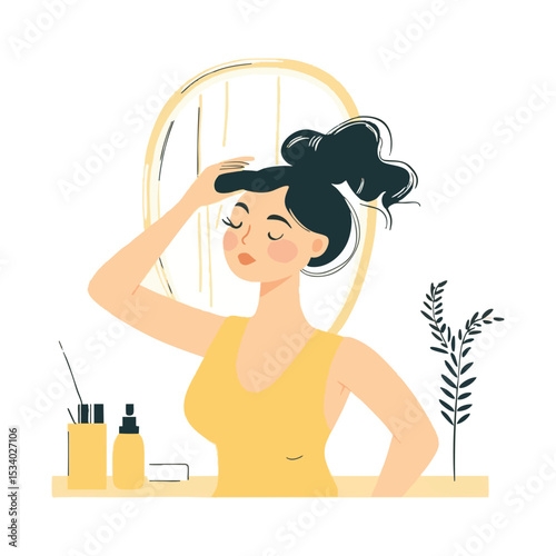 Simple and super minimal vector lines, cartoonish girl brushing hair in mirror, self-care colors