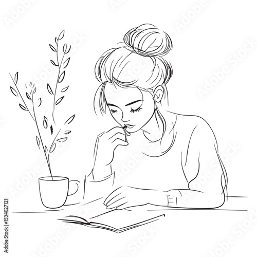 Simple and super minimal vector lines, cartoonish girl journaling at a desk with coffee mug