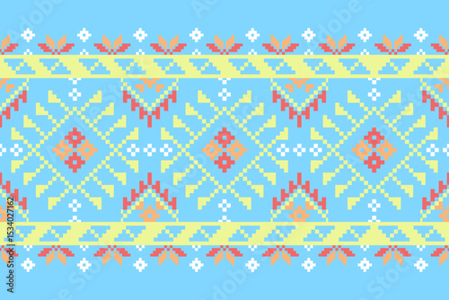 Cross stitch pattern concept showcasing traditional ethnic geometric pattern, Design for textile, background,carpet,wallpaper,clothing,wrapping,Batik,fabric,Vector illustration	
