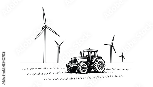 Sustainable farming vector illustration with wind turbines and tractor.