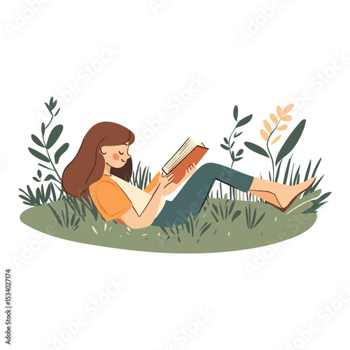 Simple and super minimal vector lines, cartoonish girl lying on grass reading a book