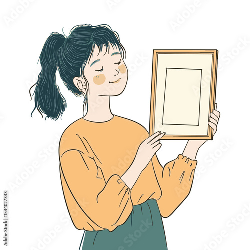 Simple and super minimal vector lines, cartoonish girl holding a family photo frame, sentimental tones