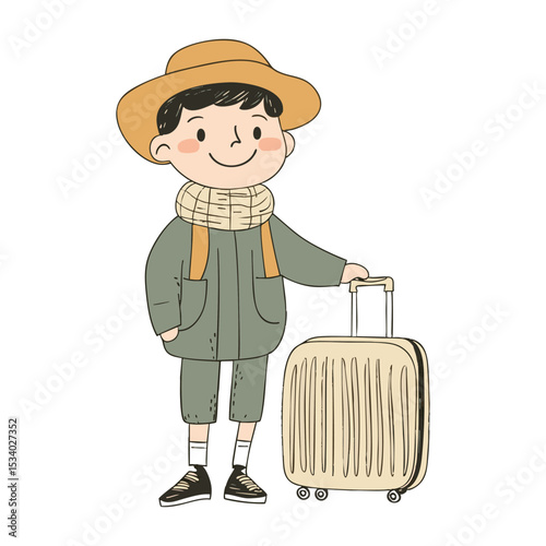 Simple and super minimal vector lines, cartoonish kid with suitcase saying goodbye at airport