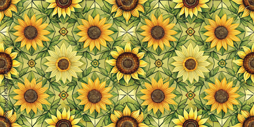 Colorful sunflower pattern with vibrant yellow flowers and green leaves.
