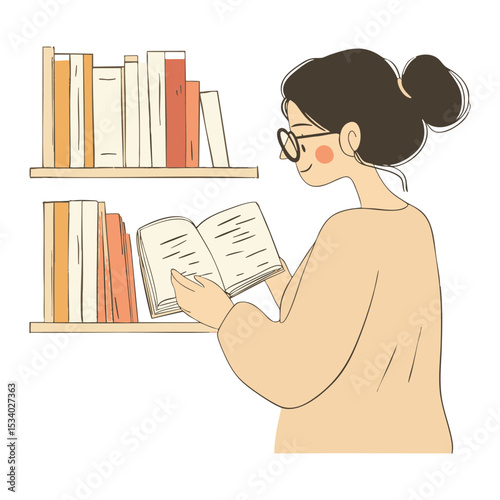 Simple and super minimal vector lines, cartoonish librarian shelving books with glasses, muted tones