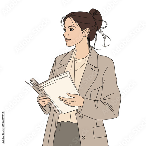 Simple and super minimal vector lines, confident woman in cartoonish blazer holding documents