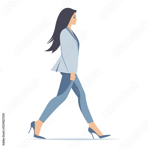 Simple and super minimal vector lines, confident woman walking in cartoonish heels and formal blazer