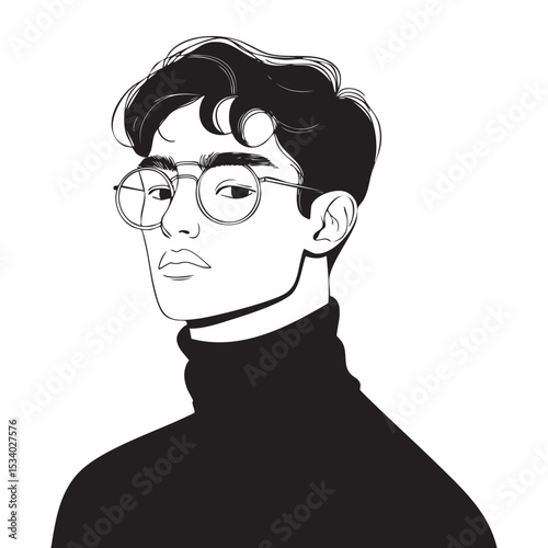 Simple and super minimal vector lines, stylish man in cartoonish turtleneck and round glasses