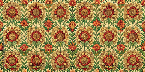Colorful floral pattern featuring vibrant red and gold flowers on a green background.