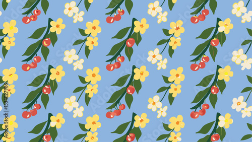 Floral pattern with yellow and white flowers and cherries on a light blue background repeating design 100 char