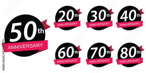 Year anniversary set vector template design illustration. Symbols of celebrations 10, 20, 30, 40, 50, 60, 70, 80 years. 