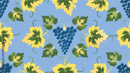 Illustration of grapes and leaves arranged symmetrically on a light blue background decoratively styled