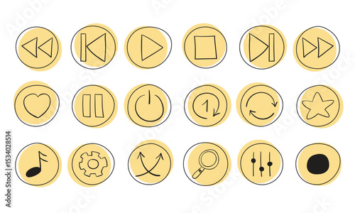Collection of doodle icons, buttons for the music player interface, applications for podcasts, audio recordings