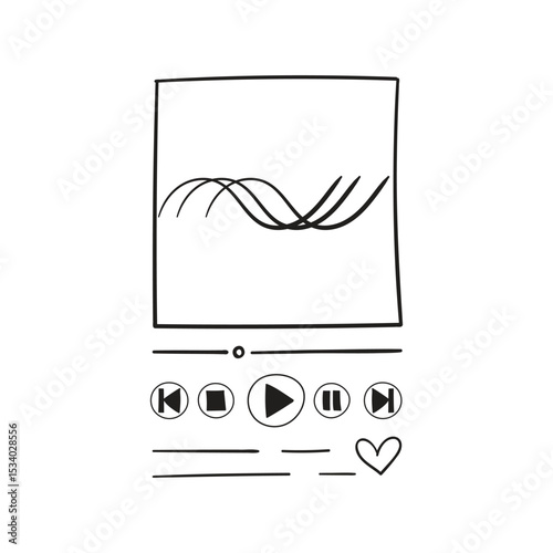 Vertical hand-drawn music player template, doodle buttons for downloading and playing music, podcast, audiobook