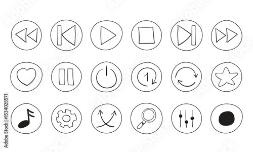 A collection of buttons and icons for the doodle-style media player interface. Hand-drawn illustration
