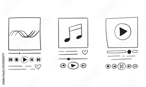A set of templates for doodle-style media players. Hand-drawn sketches of a music player, video player, audiobook player, and podcast player