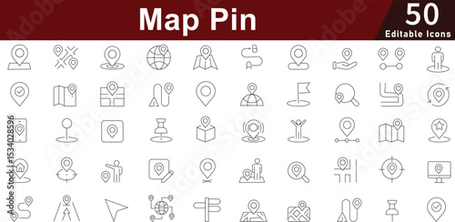 Map Pin and Location Line Icons: Navigation, GPS and Pointer Symbols. Editable Vector Icons