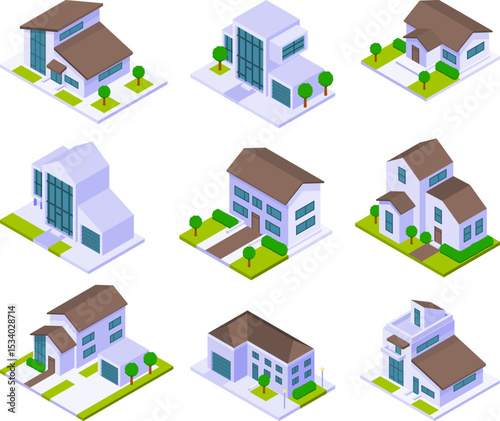 set of isometric residential homes vector