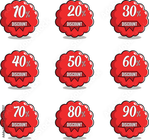 Red Discount Badge Collection with Percentage Labels from 10 to 90

