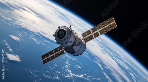 Satellite in orbit above Earth capturing stunning view of blue planet and clouds