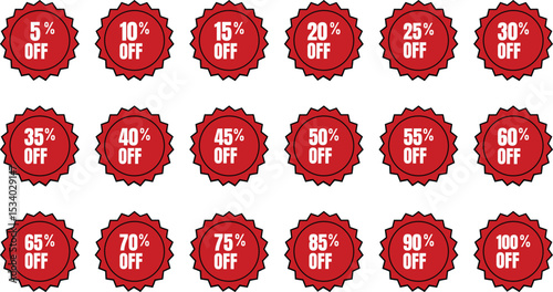 Red Discount Badge Set from 5 to 100 Percent Off for Sale and Promotion Design


