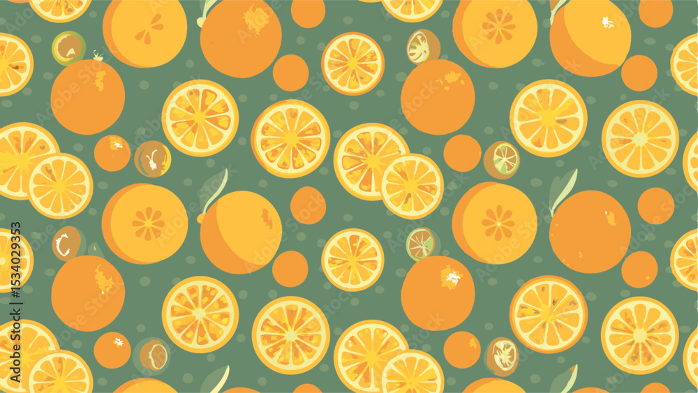 Seamless pattern of oranges and orange slices on a green background with small green dots design style