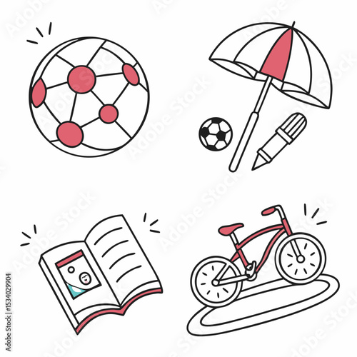 icon ball umbrella book bicycle coconut tree tent