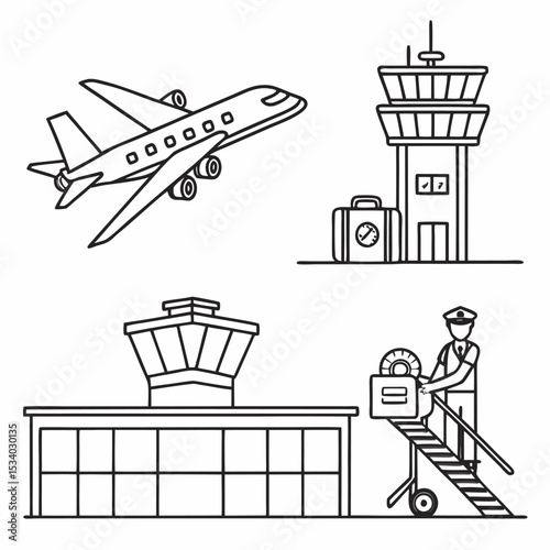 vector illustration of airplane, airport, departure time