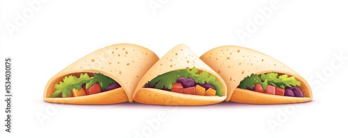 Three Cartoon Burritos with Salad, Tomatoes and Beans , Mexican Food