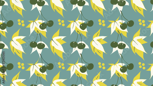 A repeating pattern of cherries and leaves in yellow white and dark green on a teal background design