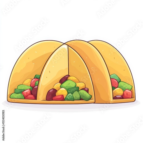 Three Cartoon Tacos with Colorful Fillings, Mexican food, lunch