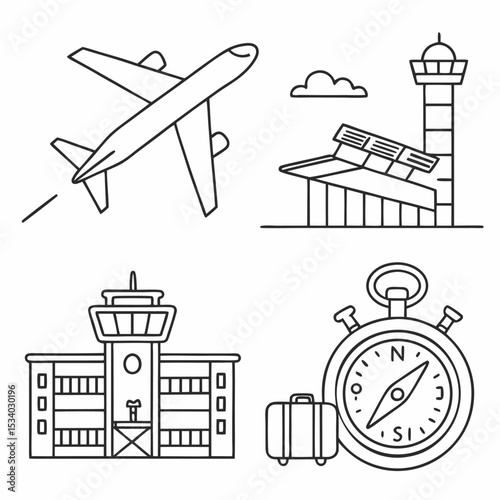 vector illustration of airplane, airport, departure time