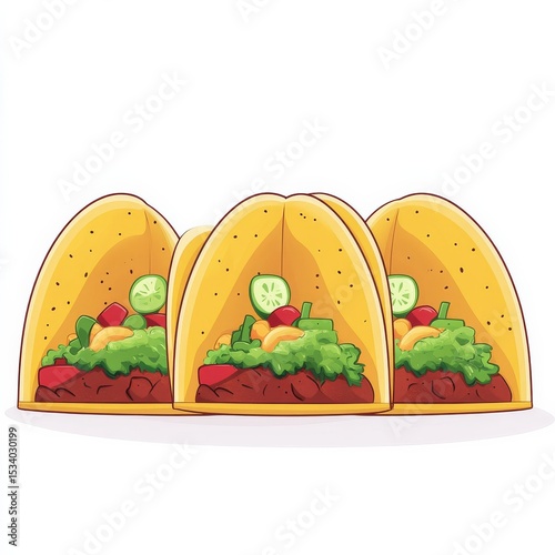 Three Cartoon Tacos with Veggies, Taco ,Food