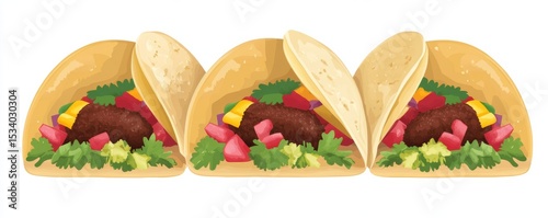 Three Delicious Tacos Filled with Fresh Ingredients, Food , Mexican food